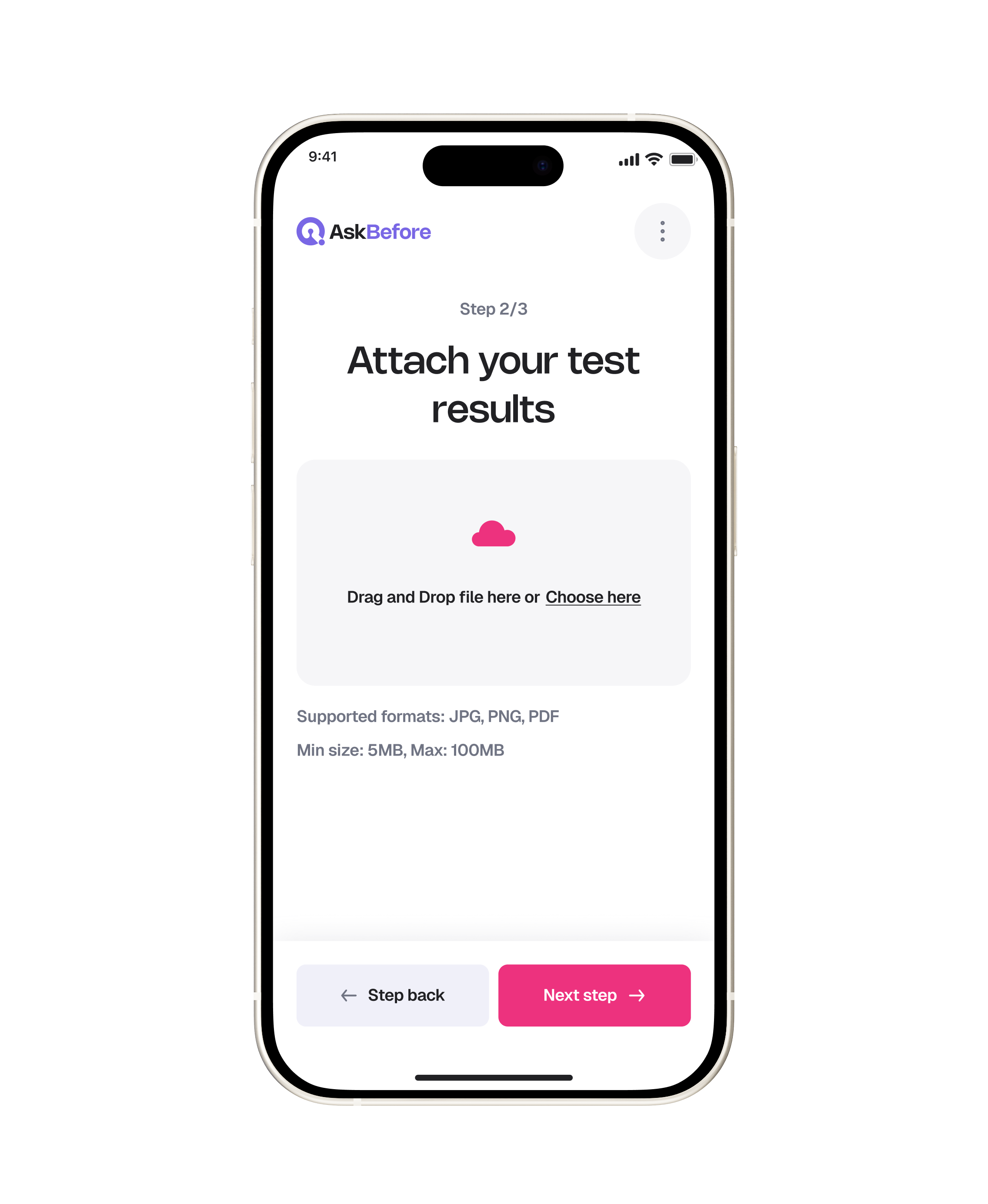 Upload test results screen